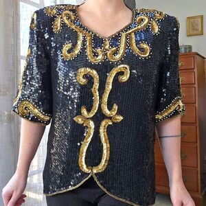 Vintage 80's Royal Feelings Sequin Black and Gold Top